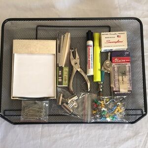 Mesh letter tray and various office supplies